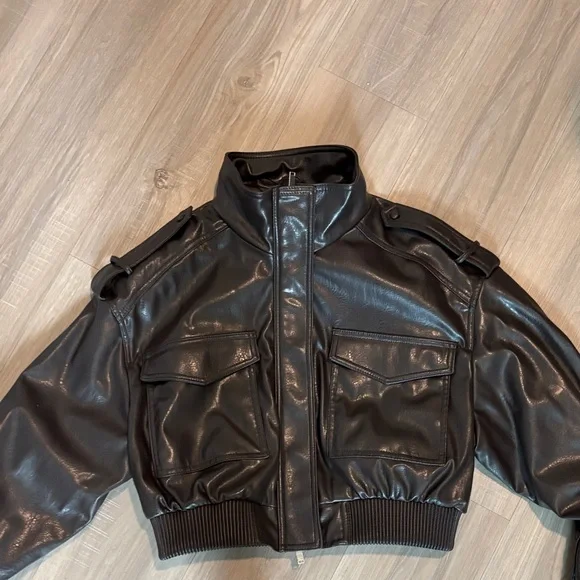 Zara Brown Faux Leather Bomber Jacket - Picture 4 of 9